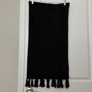 Cynthia Rowley Black Merino Wool Blend Tassel Fringe Knit Midi Skirt XL